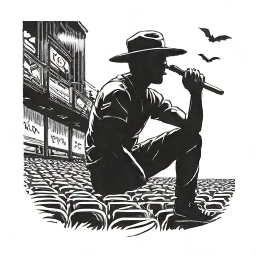 A silhouette of a lone figure sitting in a movie theater, surrounded by bats flying overhead tattoo design idea