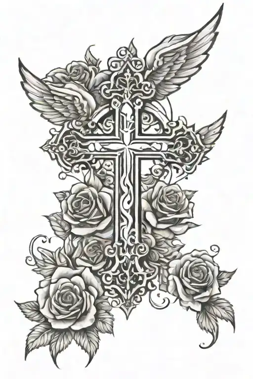 simple cross with roses and wings spread  tattoo design idea