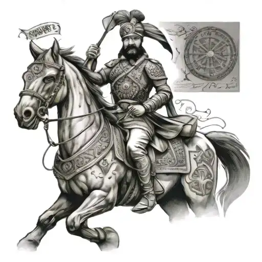 A portrait of Maharana Pratap in a traditional warrior pose, surrounded by symbols of travel like compasses and maps, in black-grey style tattoo design idea