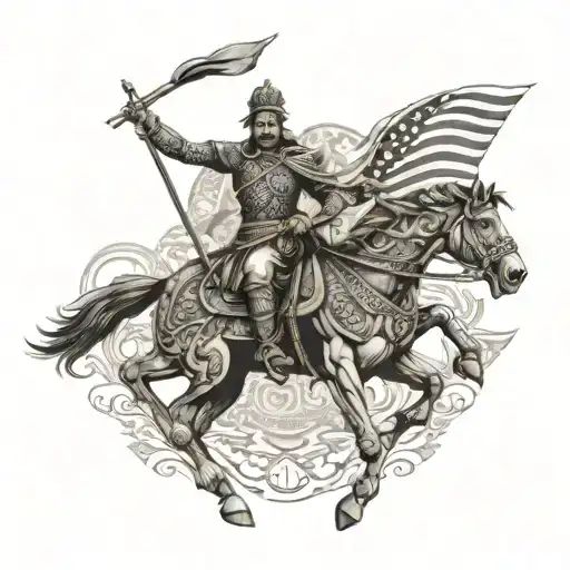 An intricate design featuring a warrior riding a horse with a flag bearing the image of Maharana Pratap, done in black-grey style tattoo design idea