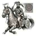 A portrait of Maharana Pratap in a traditional warrior pose, surrounded by symbols of travel like compasses and maps, in black-grey style tattoo design idea