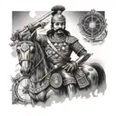 A portrait of Maharana Pratap in a traditional warrior pose, surrounded by symbols of travel like compasses and maps, in black-grey style tattoo design idea