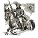 A portrait of Maharana Pratap in a traditional warrior pose, surrounded by symbols of travel like compasses and maps, in black-grey style tattoo design idea