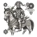A portrait of Maharana Pratap in a traditional warrior pose, surrounded by symbols of travel like compasses and maps, in black-grey style tattoo design idea