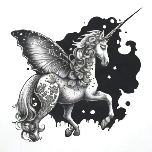 unicorn and butterfly emerging tattoo design idea