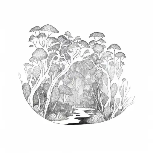 A sketch-style tattoo of a bushwalker exploring a dense forest of Australian native plants tattoo design idea