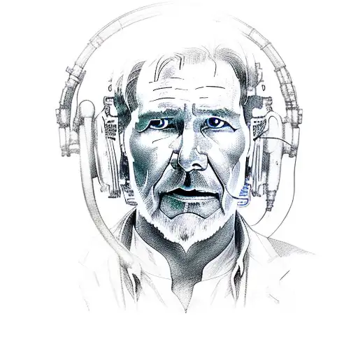 A portrait of Harrison Ford as a cyborg tattoo design idea