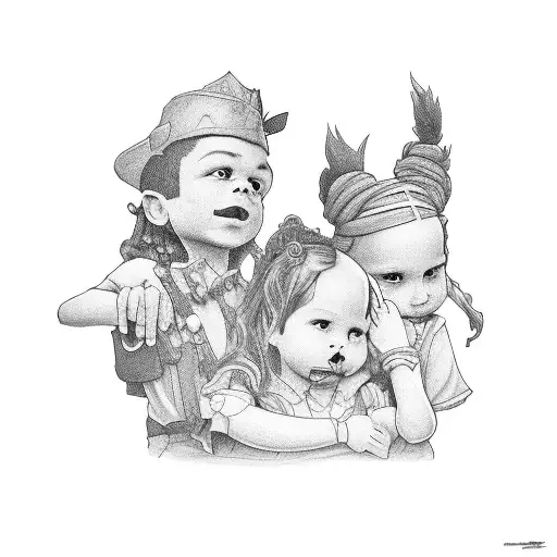 three children, two of whom are the parents of the other. Dramatic tone. tattoo design idea