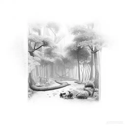 a narrow path through a dense jungle tattoo design idea