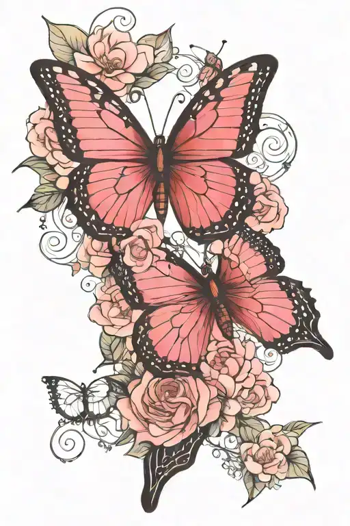 a butterfly split into two, one side dark the other side pink.  it finds solace in a dark shade ontop of a flower tattoo design idea
