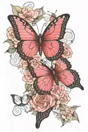 a butterfly split into two, one side dark the other side pink.  it finds solace in a dark shade ontop of a flower tattoo design idea