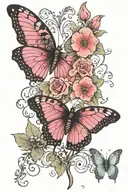 a butterfly split into two, one side dark the other side pink.  it finds solace in a dark shade ontop of a flower tattoo design idea