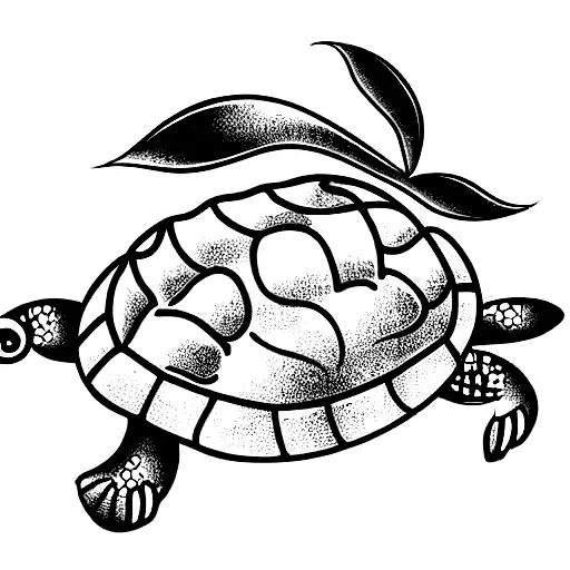 a smiling worm riding on a turtle with flower's in the background tattoo design idea