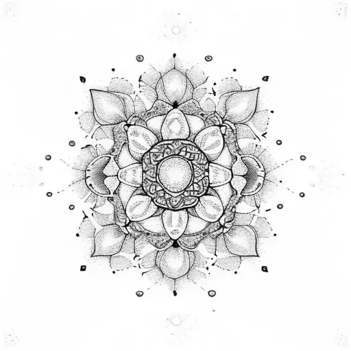 Dotwork mandala with tiny flowers and daughter's birthdate tattoo design idea