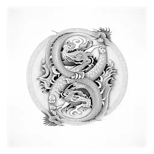 Dragon and Tiger Yin Yang and Bauhinia flowers tattoo design idea
