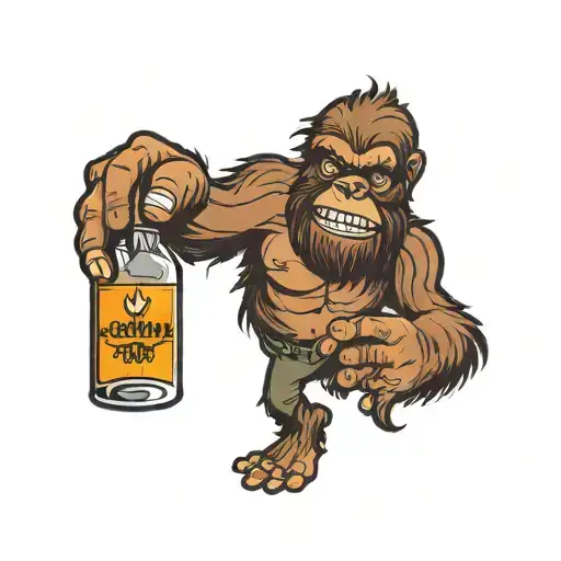 sasquatch holding a Bible in his left hand and a bottle of whiskey in his right hand  tattoo design idea