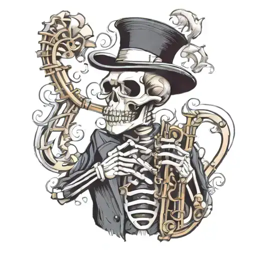 skeleton in a top hat playing the saxophone tattoo design idea