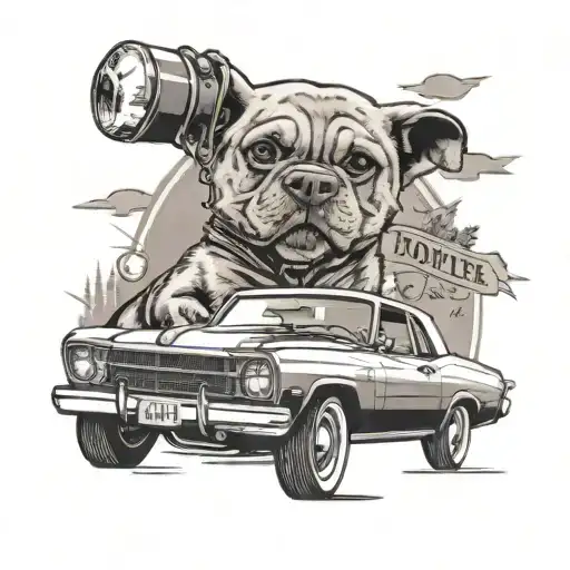 A black-grey tattoo design of a dog and bird sitting on a vintage car hood, with a beer mug in the background, all set against a scenic soccer field backdrop tattoo design idea