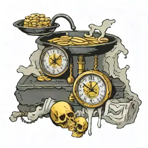 Scale with two pans. Right pan with a melted Dali clock. Left pan with three gold bars and a bag with the dollar sign. T tattoo design idea