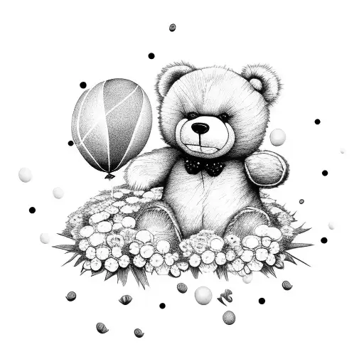 A teddy bear sitting on a bed of flowers, surrounded by floating balloons tattoo design idea