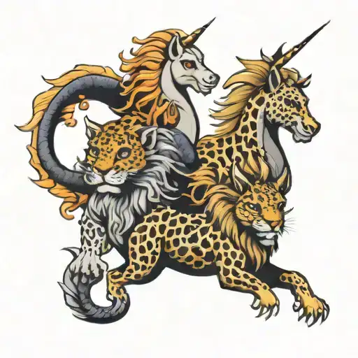 a unicorn and a dragon and a lion and leopard  tattoo design idea