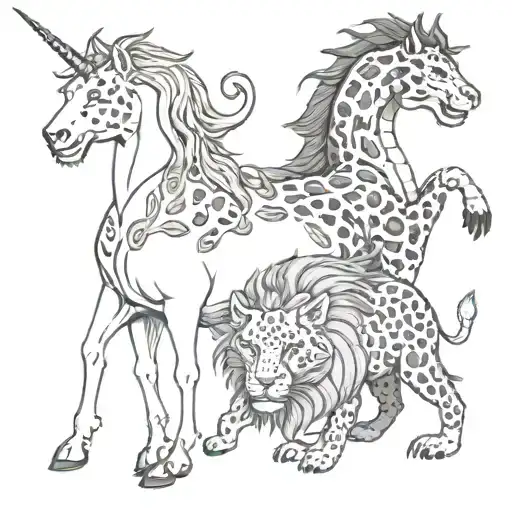a unicorn and a dragon and a lion and leopard  tattoo design idea