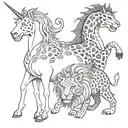 a unicorn and a dragon and a lion and leopard  tattoo design idea