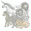 a unicorn and a dragon and a lion and leopard  tattoo design idea