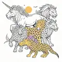 a unicorn and a dragon and a lion and leopard  tattoo design idea