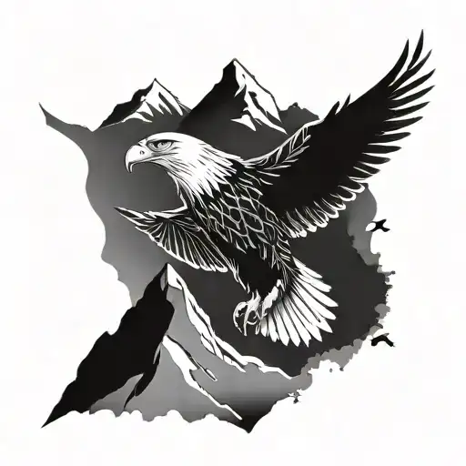 A majestic eagle soaring over a mountain range, symbolizing freedom and strength tattoo design idea