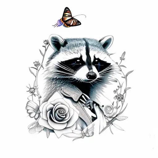Realistic Raccoon with a butterfly, dragonfly, black rose and ivy tattoo design idea