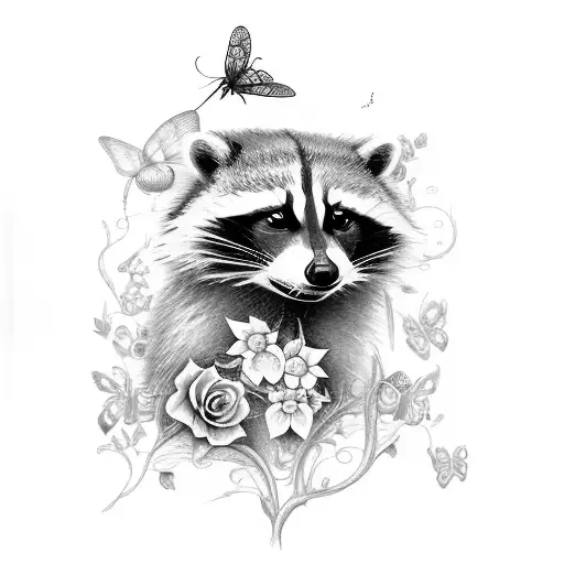 Realistic Raccoon with a butterfly, dragonfly, black rose and ivy tattoo design idea