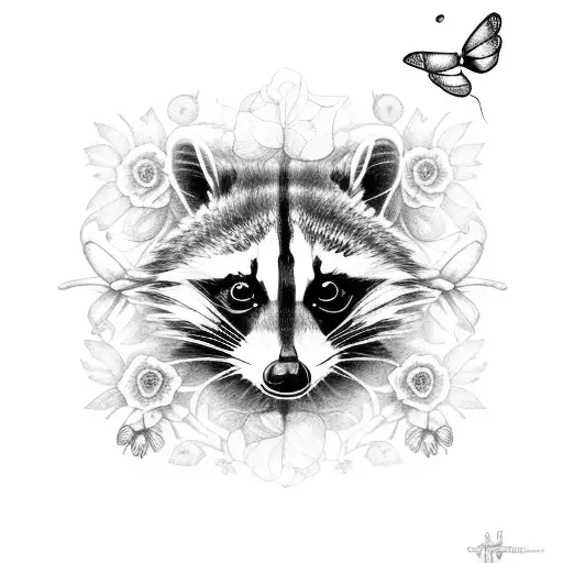 Realistic Raccoon with a butterfly, dragonfly, black rose and ivy tattoo design idea
