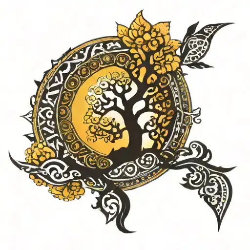 Mexican sun behind Nordic tree of life using traditional patterns, designs, and colors tattoo design idea