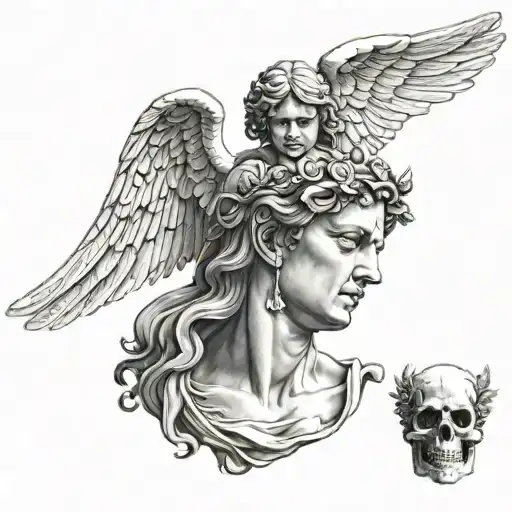 angel and greek statues and skulls tattoo design idea