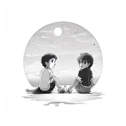 Two best friends boy and a girl sitting near ocean and watching moon, at night time, ghibli studios tattoo design idea