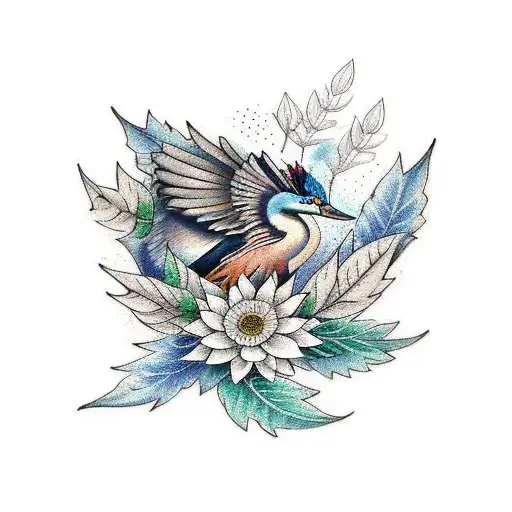 right arm half sleeve featureing leaves and flowers, great blue herons, wood ducks, eastern bluebirds tattoo design idea