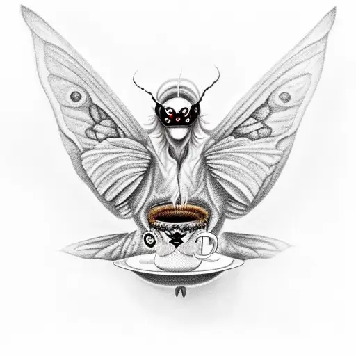 A realistic portrait of Mothman holding a cup of coffee tattoo design idea