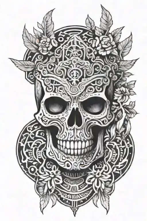An Aztec skull by cosmic stars surrounding tree of knowledge tattoo design idea