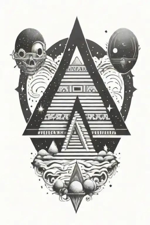 An Aztec pyramid surrounded by cosmic stars surrounding tattoo design idea