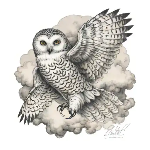 snow owl flying through cloudy sky tattoo design idea