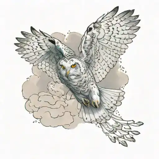 snow owl flying through cloudy sky tattoo design idea