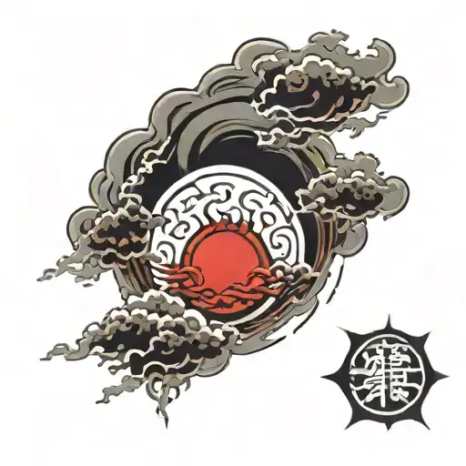A red sun with storm clouds and fire flames tattoo design idea