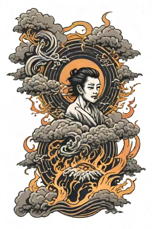 A sun with fire and storm clouds surrounding tattoo design idea