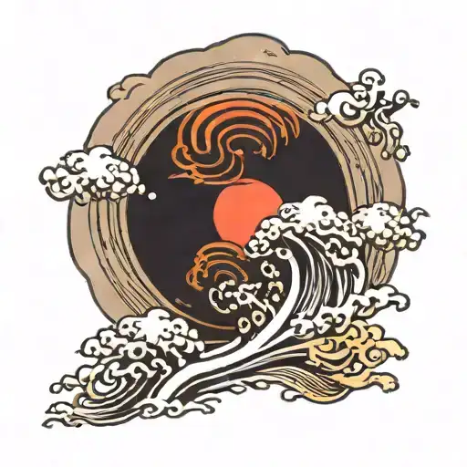 A red sun with storm clouds and fire tattoo design idea