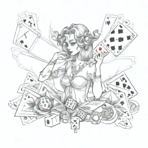 dice, playing cards, woman, and money, with death and a quote that says “in god we trust” tattoo design idea