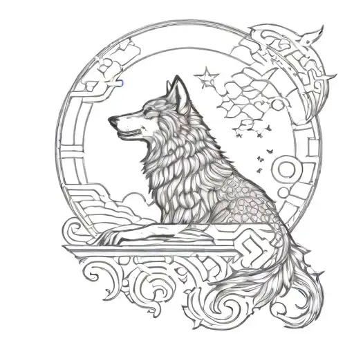 An intricate design of a wolf howling at the moon with a Croatian flag draped over its back tattoo design idea