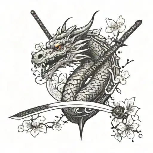 A fierce dragon coiled around a katana sword with cherry blossoms blooming around them tattoo design idea