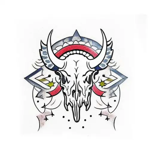 A buffalo skull adorned with intricate tribal patterns tattoo design idea