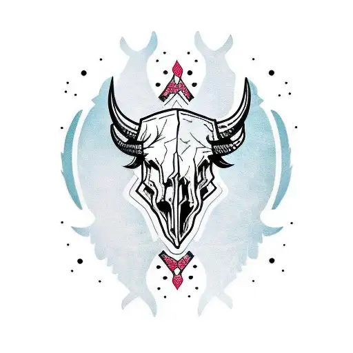 A buffalo skull adorned with intricate tribal patterns tattoo design idea